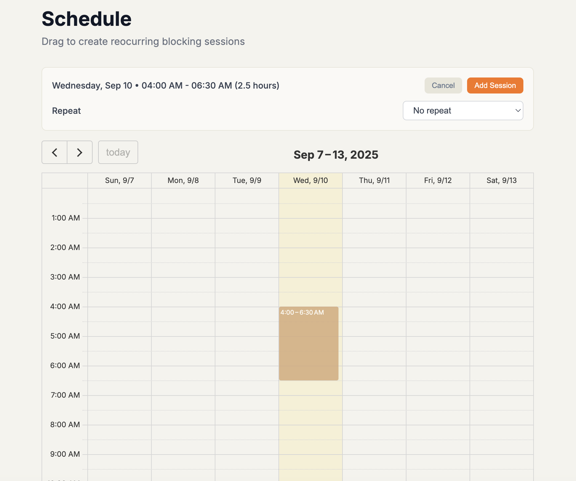Scheduling recurring sessions UI